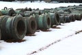 Old mortars on snow