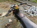 an old motorbike with a modified gas tank using an old bottle Royalty Free Stock Photo