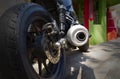 An old motorcycle parked in a Chinese temple