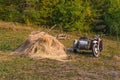 Old motorcycle with sidecar and haystack Royalty Free Stock Photo