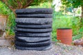 Old motorcycle tires on the ground. Royalty Free Stock Photo