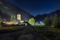 Old mountain church at night, european alps. Macugnaga, Italy Royalty Free Stock Photo