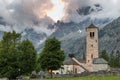 Old mountain church at sunset. Macugnaga, Italian Alps Royalty Free Stock Photo