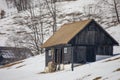 Old mountain house with Carpathian mountains in the background