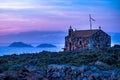 Old mountain-top church with a serene sea view Royalty Free Stock Photo