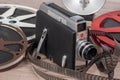 Old movie camera 16mm with reels films Royalty Free Stock Photo