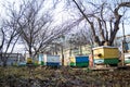 Freeze on the ground on apiary in winter. Warm days in December. Putting hives for transfer to winter. Freeze on apiary with honey