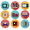 Old multimedia in the form of a set of 9 icons. Player, TV, Camera, Cassette.