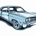 Old Muscle Car, Vector Outline Colored Sketch, Hand Drawn Illustration