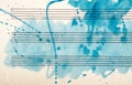 Old music sheet in blue watercolor paint. Blues music concept. Abstract blue watercolor background. Royalty Free Stock Photo