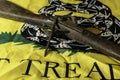 Old musket on yellow Gadsden flag Royalty Free Stock Photo