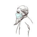 Old muslim man in medical face mask, with long beard, Coronavirus pandemic people portrait sketch. Hand drawn