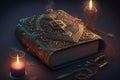 an old, mystical book with a golden lock and clasp on the cover, surrounded by candles and incense.