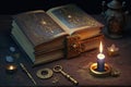 an old, mystical book with a golden lock and clasp on the cover, surrounded by candles and incense.