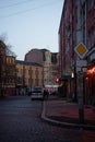 old narrow street lined with paving stones. the city of Kaliningrad November 15, 2021