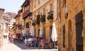 Old narrow street with restorain in Frias. Burgos Royalty Free Stock Photo