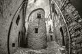 Old narrow street view of medieval Girona. Catalonia, northeastern Spain Royalty Free Stock Photo