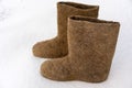 Old national traditional Russian winter footwear is felt boot. Name valenki literally means made by felting Royalty Free Stock Photo