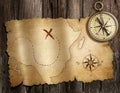 Old nautical compass on wood table with treasure map Royalty Free Stock Photo