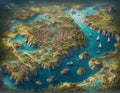 Old nautical 3D map with birdview of Fantastical continent Cliffs Ships Old Villages AI Fantasy Image