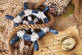 Old navigation equipment, rope and wheel Royalty Free Stock Photo