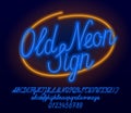 Old Neon Sign alphabet font. Blue neon script letters and numbers. Uppercase and lowercase. Royalty Free Stock Photo