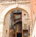 Old and new buildings stand next to each other Royalty Free Stock Photo