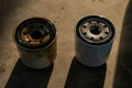 Old and new car oil filter. No people. Royalty Free Stock Photo