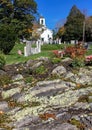 Old New England White Country Church and Cemetery in Maine Royalty Free Stock Photo