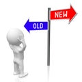 Old or new - signpost with two arrows, cartoon character Royalty Free Stock Photo