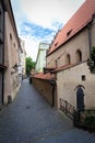 Old New Synagogue also called the Altneuschul And the street next to it. In the Jewish Quarter of Prague against a clear sky Royalty Free Stock Photo