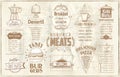 Old newspaper style menu list - breakfast and lunch, fast food and pizza, etc