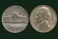 Old nickel coin of 1961, portrait of third president of the United States Thomas Jefferson on obverse and Monticello Royalty Free Stock Photo