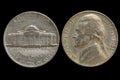 An old nickel coin of 1961, portrait of third president of the United States Thomas Jefferson on obverse and Monticello, Jefferson Royalty Free Stock Photo