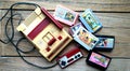 Old Nintendo Entertainment System Family Computer and game cartridges on wooden background. Royalty Free Stock Photo