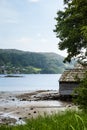 Old norwegian cottage by lake and forest