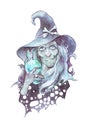 Old nosed witch with magic bottle