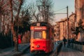 Old nostalgic tram going through the streets of Kadikoy on the Asian side of Istanbul.