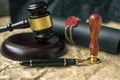 Old notarial wax seal and stamp on judicial table Royalty Free Stock Photo