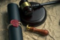 Old notarial wax seal and stamp on judicial table Royalty Free Stock Photo
