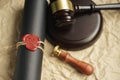 Old notarial wax seal and stamp on judicial table Royalty Free Stock Photo