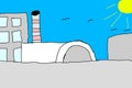 An old nuclear power plant, with a sarcophagus. Children's drawing.