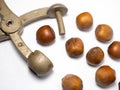Old nut cracker. Hazelnuts on a white background. Nuts in a shell. Snack. Healthy diet. Ingredients for preparing a healthy lunch Royalty Free Stock Photo