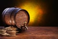 Old oak barrel on a wooden table. Royalty Free Stock Photo