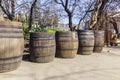 Old oak barrels standing on the street Royalty Free Stock Photo