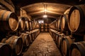 Old oak wooden barrels in underground cellars for maturing wine or whiskey Royalty Free Stock Photo