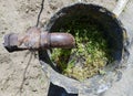 old objects, pipe and rusty pipe, grass grown on ruins