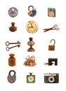 Old objects and tools assorted group on white Royalty Free Stock Photo