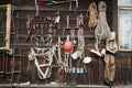 Old, obsolete climbing gear collection hanging on the wall