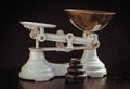 Old obsolete manual weighing scales and Iron Brass Tray with set of cast iron weights Royalty Free Stock Photo